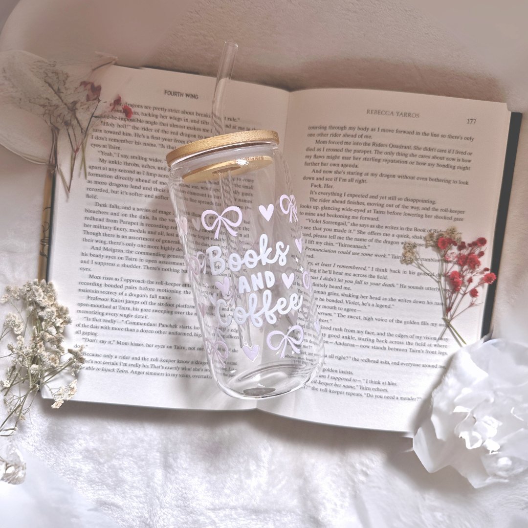 Books, Coffee & Bows 16oz Glass Cup