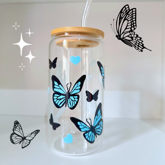 Black & Blue Butterflies 16oz Glass Cup