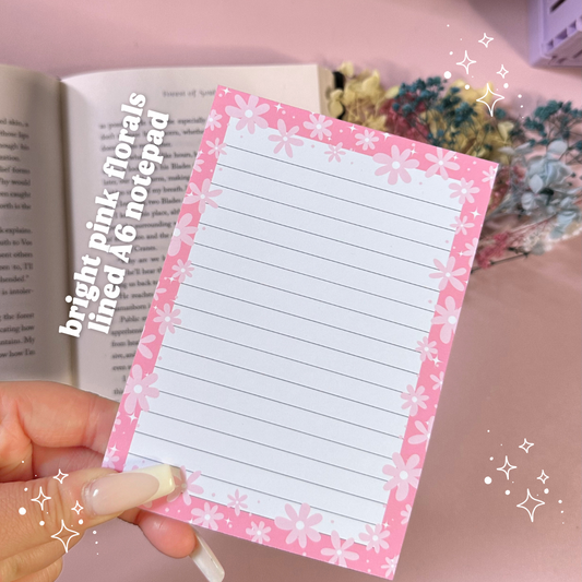Bright Pink Florals Lined A6 Notepad