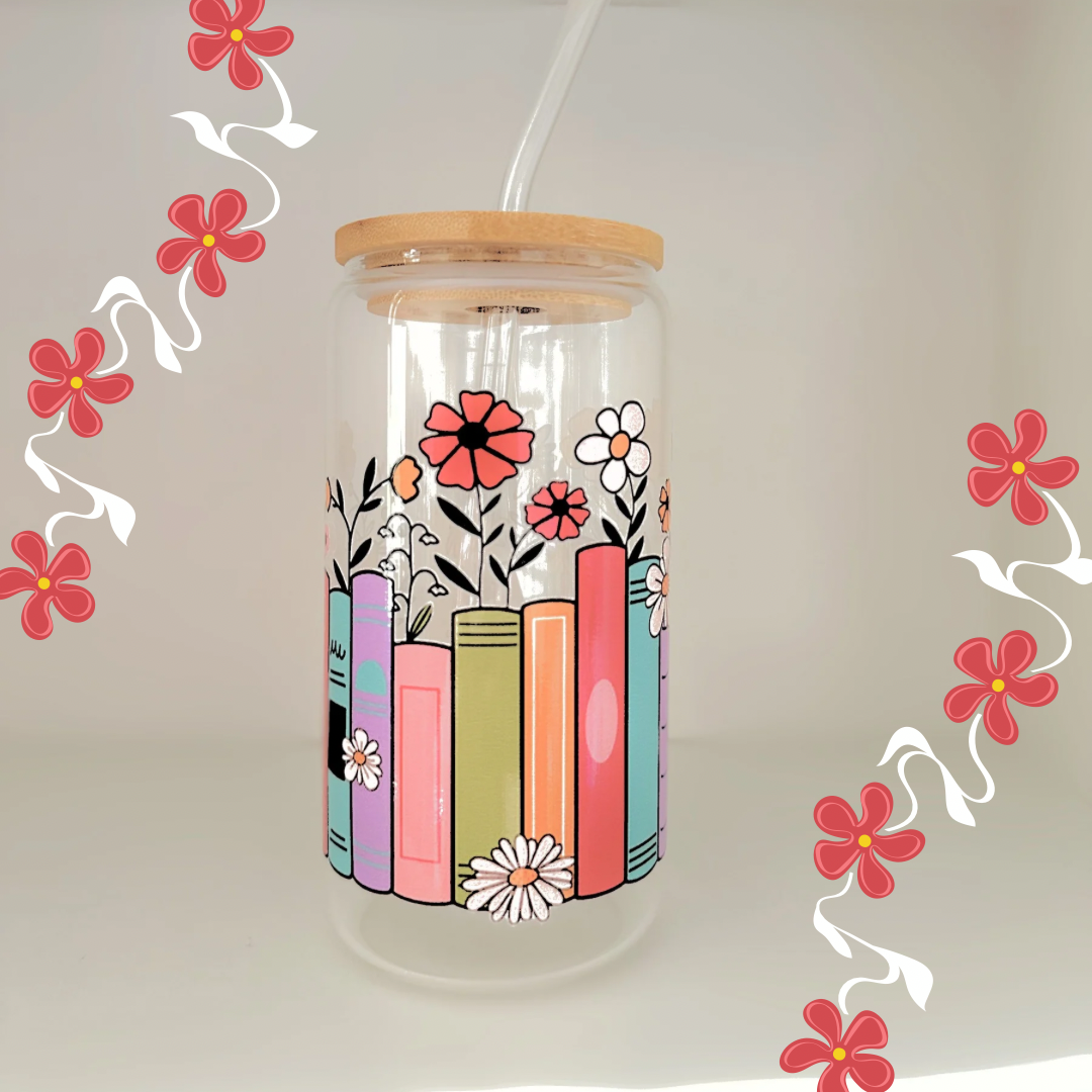 Floral Bookshelf 16oz Glass Cup